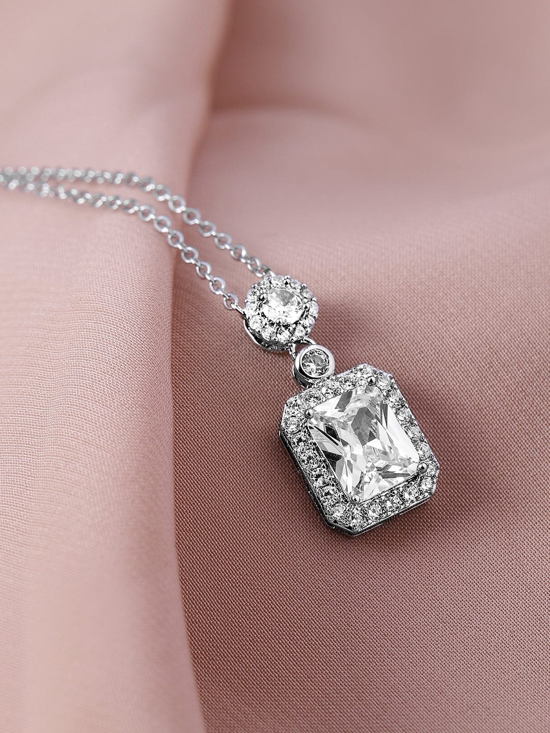 Voguish Rhodium Plated Sparkling AD & Cubic Zirconia Studded Rectangle Pendant Necklace Gold