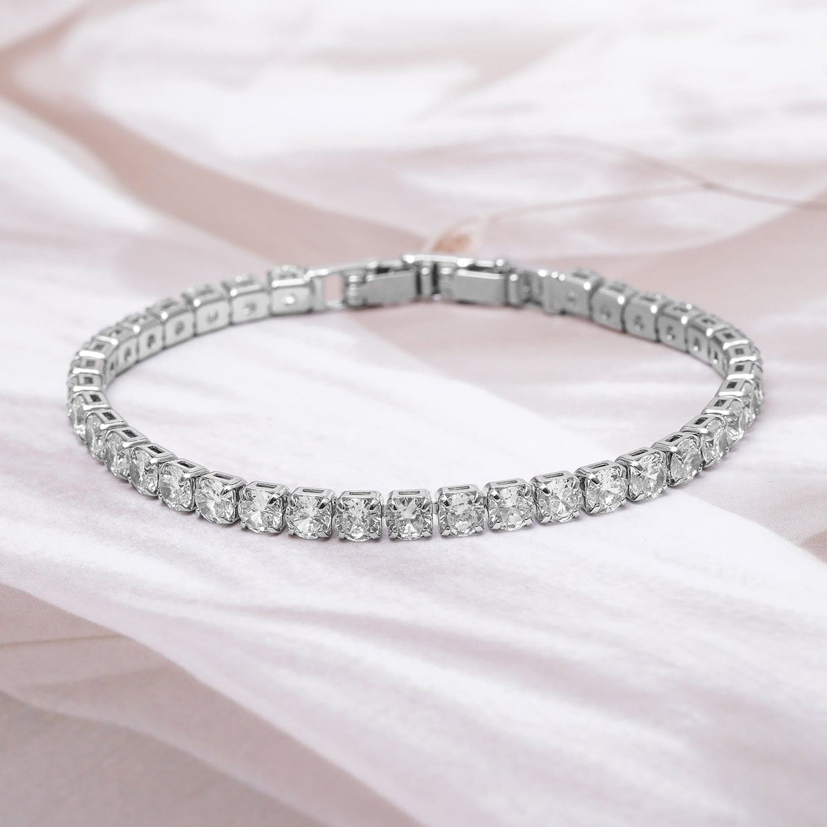 Voguish Rhodium Plated Sparkling AD & Cubic Zirconia Studded Tennis Bracelet Silver