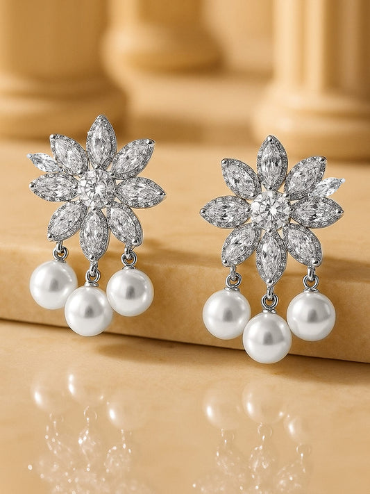 Opulent Bloom American Diamond Zirconia Pearl Drop Earrings フリーサイズ
