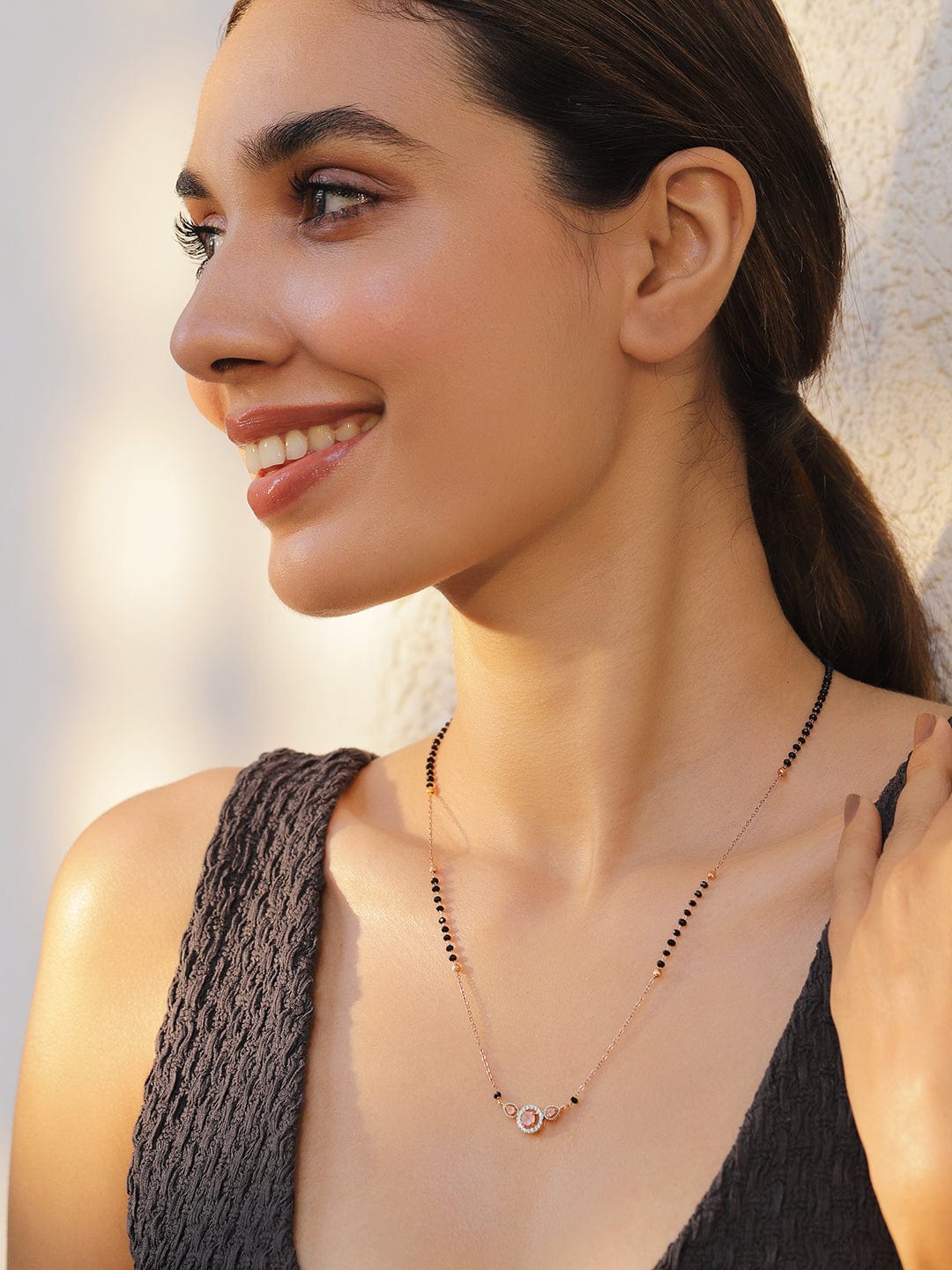 Gold Toned Mangalsutra With American Diamond Zirconia Rose Gold
