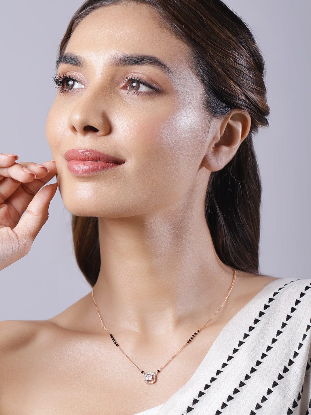 Women Rose Gold Plated CZ Stone Studded Black Beads Mangalsutra Gold