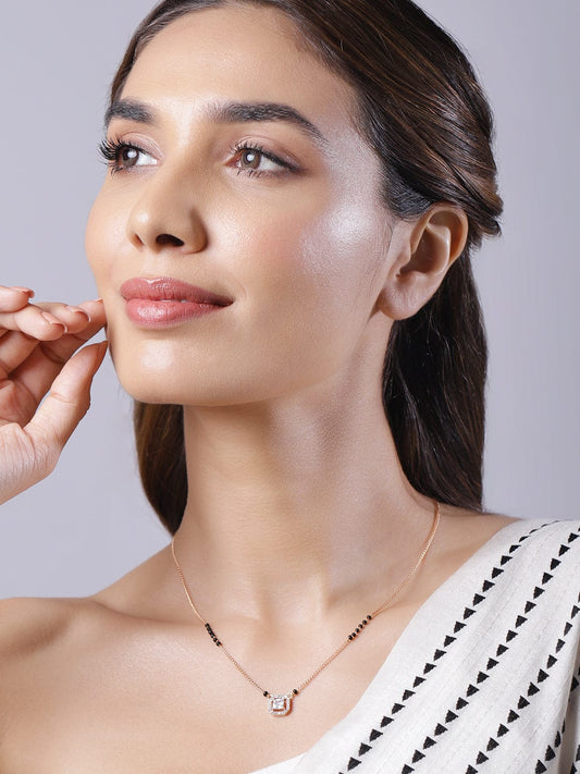 Women Rose Gold Plated CZ Stone Studded Black Beads Mangalsutra Gold