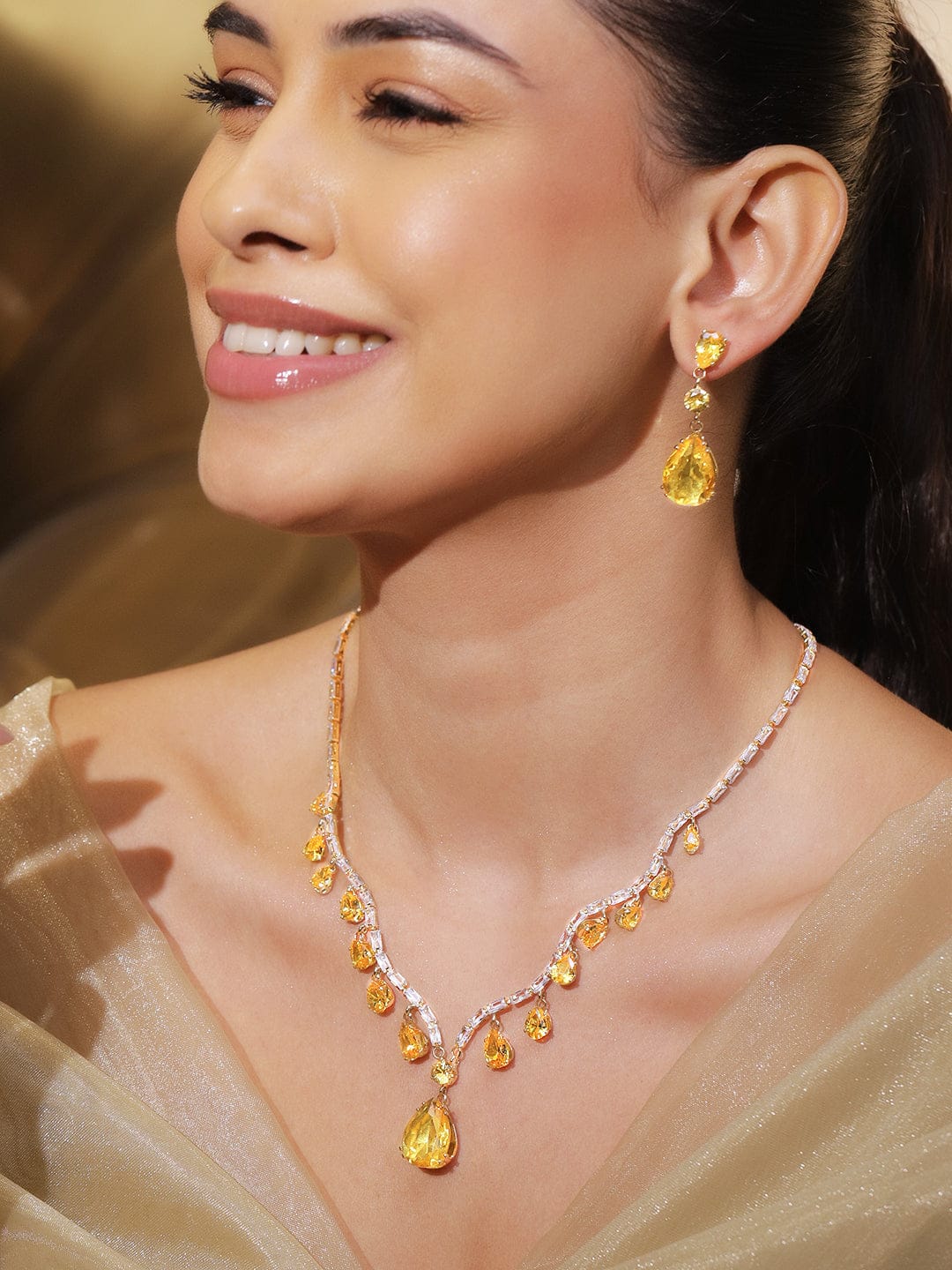 Yellow Raindrop Crystal Necklace Set フリーサイズ